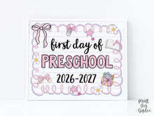 Cute First Day Of Preschool Sign PRINTABLE School Sign Photo Prop, Instant Download, Pastel Coquette Bow Girly Whimsical Soft Colors Modern