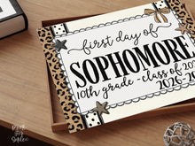 First Day of Sophomore Year Sign, Leopard Coquette Printable, 1st Day Girl 10th Grade Back to School Sign Class of 2029 Trendy Bow Polka Dot