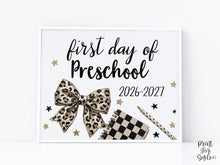 Leopard First Day of Preschool Sign, Trendy Coquette Printable, 1st Day Girl Back to School Sign, Bow Polka Dot, Checkered