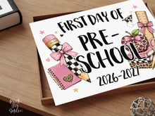 First Day of Preschool Sign, Girl Printable, Pink Coquette Bow, Checkered Leopard, Back to School Sign, Digital Download