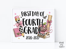 First Day of 4th Grade Sign, Girl Printable, Pink Coquette Bow, Checkered Leopard, Back to School Sign, Digital Download