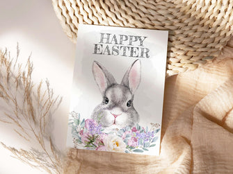 Easter Printable Card Happy Bunny Floral For Wife Kids Daughter Mom Girlfriend