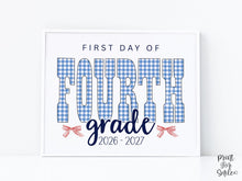 Gingham First Day Of 4th Grade Sign Printable, 1st Day Girl Photo Prop, Blue Back To School Sign, Instant Download