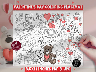 PRINTABLE Valentines Day Placemat For Kids, Coloring Page, Instant Download, Party Activity