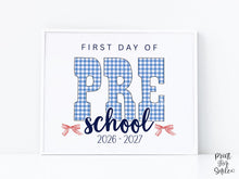 Gingham First Day Of Preschool Sign Printable, 1st Day Girl Photo Prop, Blue Back To School Sign, Instant Download