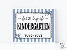 Blue First Day Of Kindergarten Sign Coquette PRINTABLE, Girl Back To School Sign, 1st Day Photo Prop, Cute Bow, Instant Download