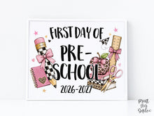 First Day of Preschool Sign, Girl Printable, Pink Coquette Bow, Checkered Leopard, Back to School Sign, Digital Download