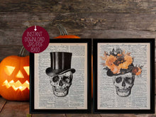 Halloween Couple Skull Art Print Set – Gothic Male & Female Skulls with Hats | Printable Wall Decor | Instant Download 8x10