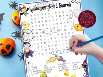 Halloween Word Search For Kids PRINTABLE With Cute Bat, Vampire, Candies, Pumpkin, Ghost, Cat