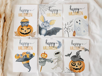 Cute Happy Halloween PRINTABLE Cards — 6 Watercolor Ghost, Bat & Pumpkin Designs | Instant Download for Party Favors and Kids Gifts