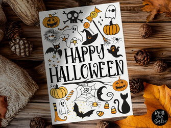 Happy Halloween Printable Card – Festive Spooky Design with Ghosts, Bats & Pumpkins | Instant Download for Party Favors And Gifts