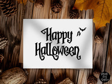 Happy Halloween PRINTABLE Card – Gothic Typography with Bats | Minimalist Halloween Design | Instant Download for Gifts & Decor