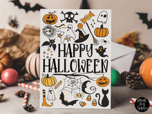 Happy Halloween Printable Card – Festive Spooky Design with Ghosts, Bats & Pumpkins | Instant Download for Party Favors And Gifts