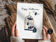 Cute Happy Halloween PRINTABLE Card – Bat Cage Design with Orange Accents | Instant Download for Gifts & Party Favors
