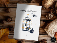 Cute Happy Halloween PRINTABLE Card – Bat Cage Design with Orange Accents | Instant Download for Gifts & Party Favors