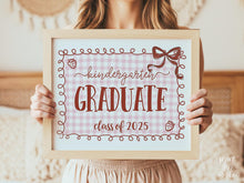 Kindergarten Graduate Sign Bow PRINTABLE, Girl Coquette, Gingham Cottagcore Graduation, Last Day Of Kindergarten, Strawberry Photo Prop 2025