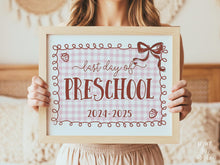 Last Day Of Preschool Sign Bow PRINTABLE, Girl Coquette, Gingham Cottagcore End Of School, Strawberry Photo Prop 2025