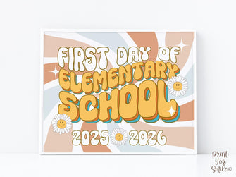 Retro First Day Of Elementary School Sign PRINTABLE Groovy Back To School Sign, First Day Of School Sign