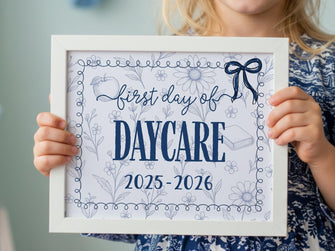 First Day Of Daycare Sign, Toile, PRINTABLE Back To School Sign, Photo Prop, Instant Download, Cute Bow, Whimsical, Elegant Sign