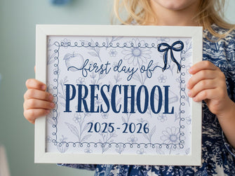 First Day Of Preschool Sign, Toile, PRINTABLE Back To School Sign, Photo Prop, Instant Download, Cute Bow, Whimsical, Elegant Sign
