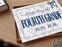 First Day Of Fourth Grade Sign, Toile, PRINTABLE, 4th Grade Back To School Sign, Photo Prop, Instant Download, Elegant Whimsical, Cute Bow