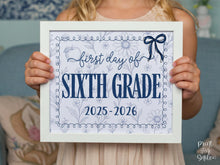 First Day Of Sixth Grade Sign, Toile, PRINTABLE, 6th Grade Back To School Sign, Photo Prop, Instant Download, Elegant Whimsical, Cute Bow