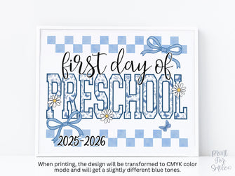 First Day Of Preschool Sign Toile PRINTABLE, Gingham School Sign, Photo Prop, Daisy Cute Elegant Coquette Whimsical