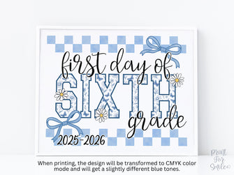 First Day Of 6th Grade Sign Toile PRINTABLE, Sixth Grade Sign, Gingham School Sign, Photo Prop, Daisy Cute Elegant Coquette Whimsical
