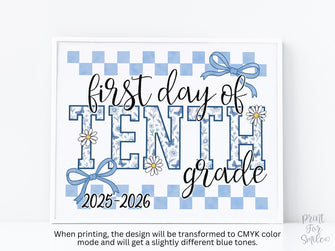 First Day Of 10th Grade Sign Toile PRINTABLE, Tenth Grade Sign, Gingham School Sign, Photo Prop, Daisy Cute Elegant Coquette Whimsical