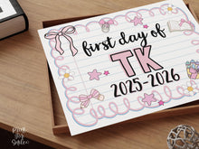 Cute First Day Of TK Sign PRINTABLE School Sign Photo Prop, Instant Download, Pastel Coquette Bow Girly Whimsical Soft Colors, Modern