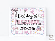 Cute First Day Of Preschool Sign PRINTABLE School Sign Photo Prop, Instant Download, Pastel Coquette Bow Girly Whimsical Soft Colors Modern