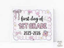 Cute First Day Of 1st Grade Sign PRINTABLE First Grade School Sign Photo Prop Instant Download Pastel Coquette Bow Girly Whimsical Modern