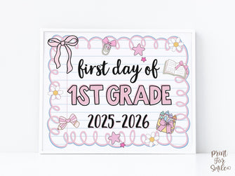 Cute First Day Of 1st Grade Sign PRINTABLE First Grade School Sign Photo Prop Instant Download Pastel Coquette Bow Girly Whimsical Modern