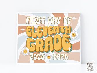 Retro First Day Of 11th Grade Sign Groovy PRINTABLE Eleventh Grade Back To School Sign, First Day Of School Sign