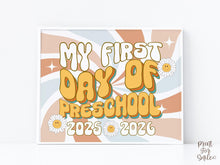 Retro First Day Of Preschool Sign Groovy, PRINTABLE Back To School Sign, First Day Of School Sign