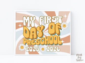 Retro First Day Of Preschool Sign Groovy, PRINTABLE Back To School Sign, First Day Of School Sign