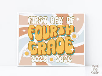 Retro First Day Of 4th Grade Sign PRINTABLE Groovy Fourth Grade Back To School Sign, First Day Of School Sign