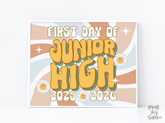 Retro First Day Of Junior High Sign PRINTABLE Groovy Back To School Sign, First Day Of School Sign, 7th Grade, 6th Grade