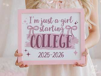 Girl First Day Of College Sign PRINTABLE, Back To School Sign, Cute Coquette Bow Pink Y2K Photo Prop, Balletcore Aesthetic