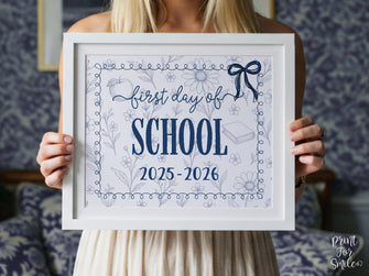 First Day Of School Sign, Toile, PRINTABLE Back To School Sign, Photo Prop, Instant Download, Cute Bow, Whimsical, Elegant Sign