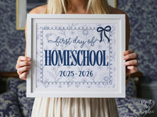 First Day Of Homeschool Sign, Toile, PRINTABLE Back To School Sign, Photo Prop, Instant Download, Cute Bow, Whimsical, Elegant Sign