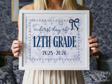 First Day Of 12th Grade Sign, Toile, PRINTABLE Back To School Sign, Photo Prop, Instant Download, Whimsical, Bow, Class Of 2026, Twelfth