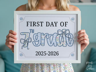 First Day Of Seventh Grade Sign 7th Modern Grandmillennial Whimsical Elegant School Sign Photo Prop Coquette Floral Watercolor PRINTABLE