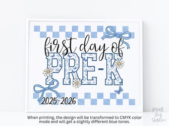 First Day Of Pre-K Sign Toile PRINTABLE, PreK Sign, Gingham School Sign, Photo Prop, Daisy Cute Elegant Coquette Whimsical