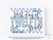 First Day Of 12th Grade Sign Toile PRINTABLE, Twelfth Grade Sign, Gingham School Sign, Photo Prop, Daisy Cute Elegant Coquette Whimsical