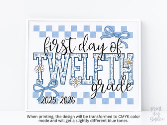 First Day Of 12th Grade Sign Toile PRINTABLE, Twelfth Grade Sign, Gingham School Sign, Photo Prop, Daisy Cute Elegant Coquette Whimsical