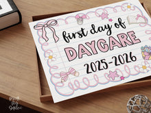 Cute First Day Of Daycare Sign PRINTABLE School Sign Photo Prop, Instant Download, Pastel Coquette Bow Girly Whimsical Soft Colors, Modern