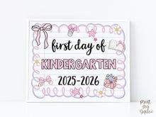 Cute First Day Of Kindergarten Sign PRINTABLE School Sign Photo Prop, Instant Download, Pastel Coquette Bow Girly Whimsical Modern
