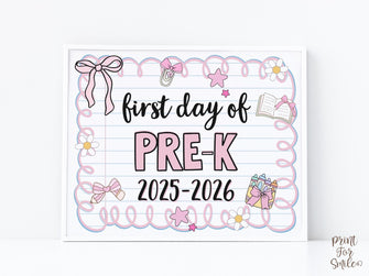 Cute First Day Of Pre-K Sign PRINTABLE PreK School Sign Photo Prop, Instant Download, Pastel Coquette Bow Girly Whimsical Soft Colors Modern