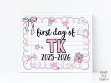 Cute First Day Of TK Sign PRINTABLE School Sign Photo Prop, Instant Download, Pastel Coquette Bow Girly Whimsical Soft Colors, Modern